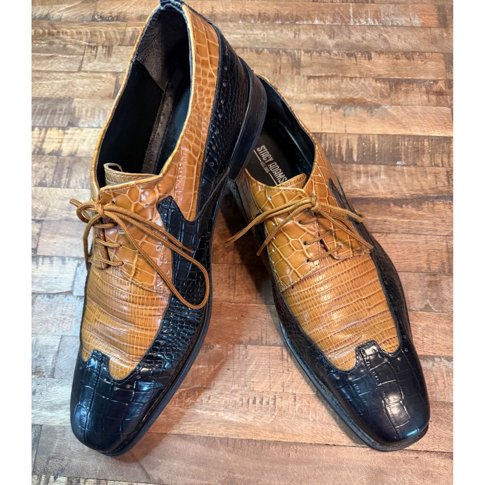Stacy Adams Mens 12 M Two Tone Cognac Black Exotic Embossed Leather Oxford 21872